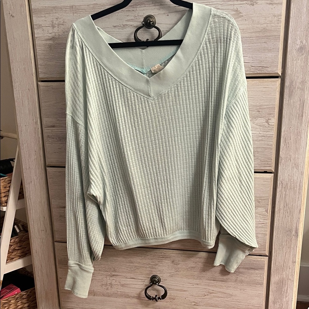 Free People Mint Green Ribbed V-Neck Top